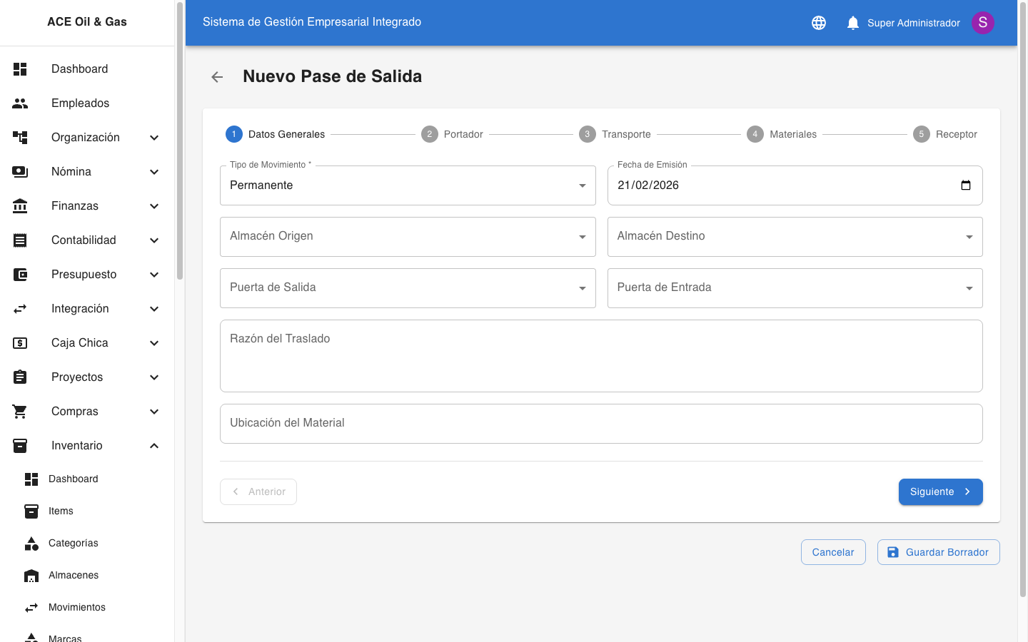 Nuevo Pase de Material
