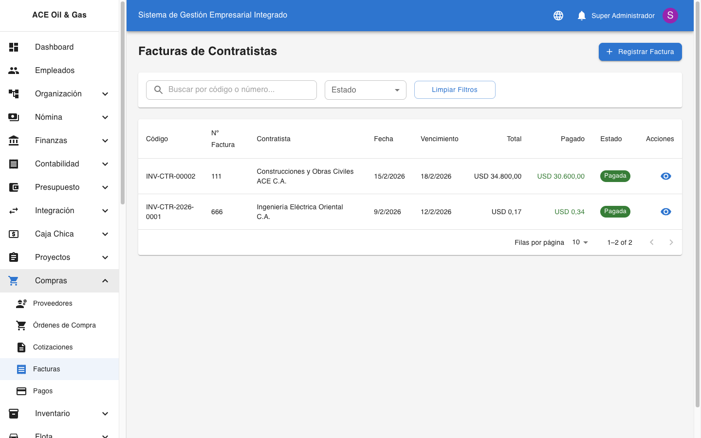 Facturas de Contratistas