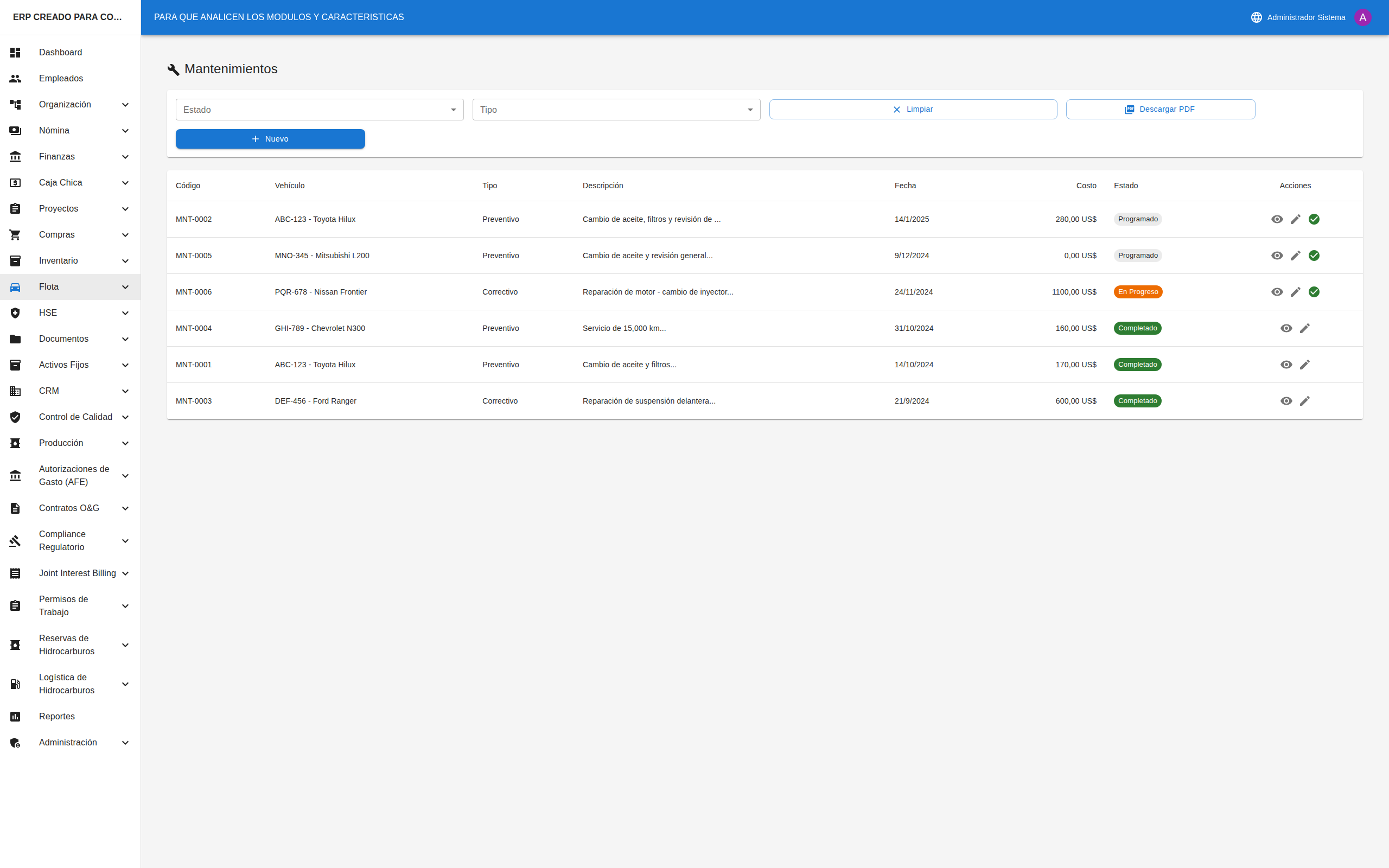 Lista de Mantenimientos