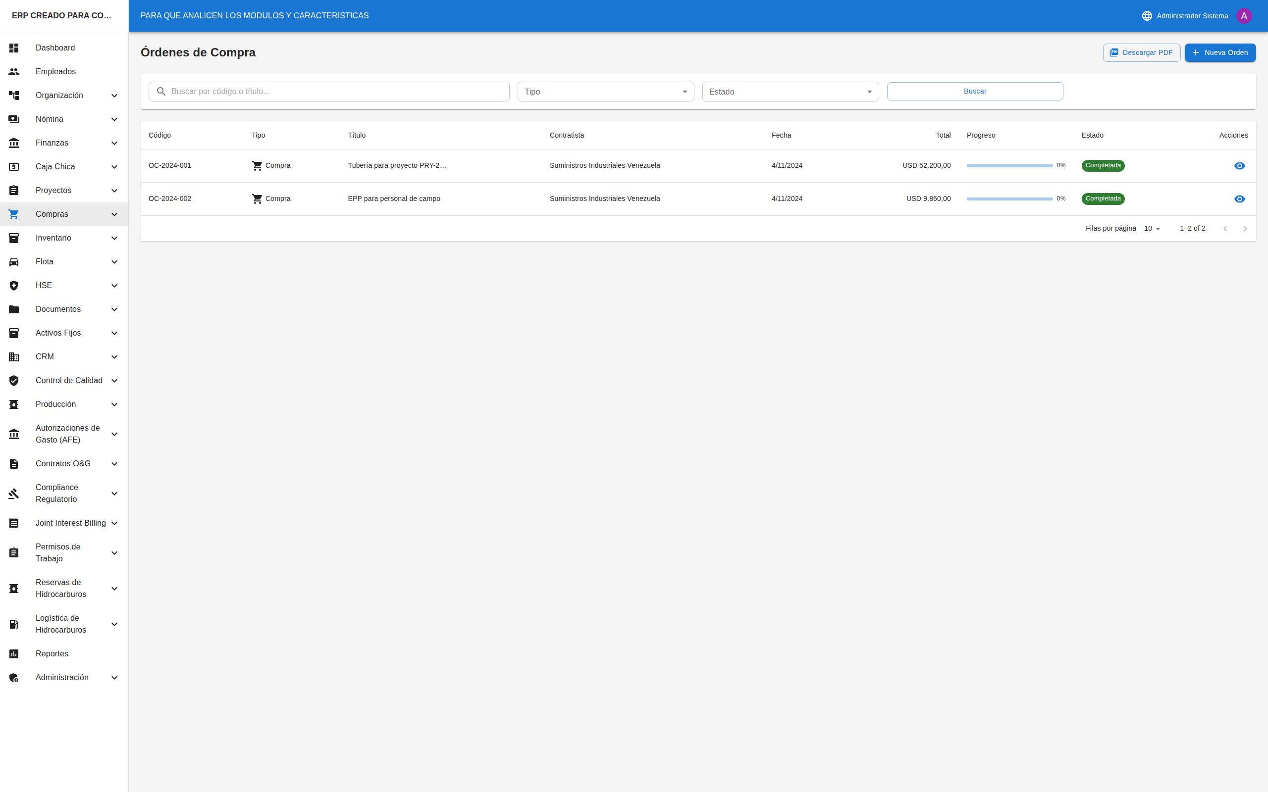 Lista de Órdenes de Compra