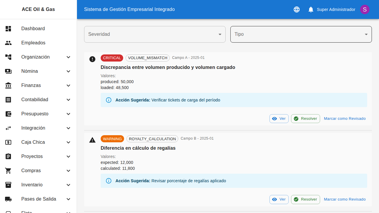 Panel de alertas de discrepancias