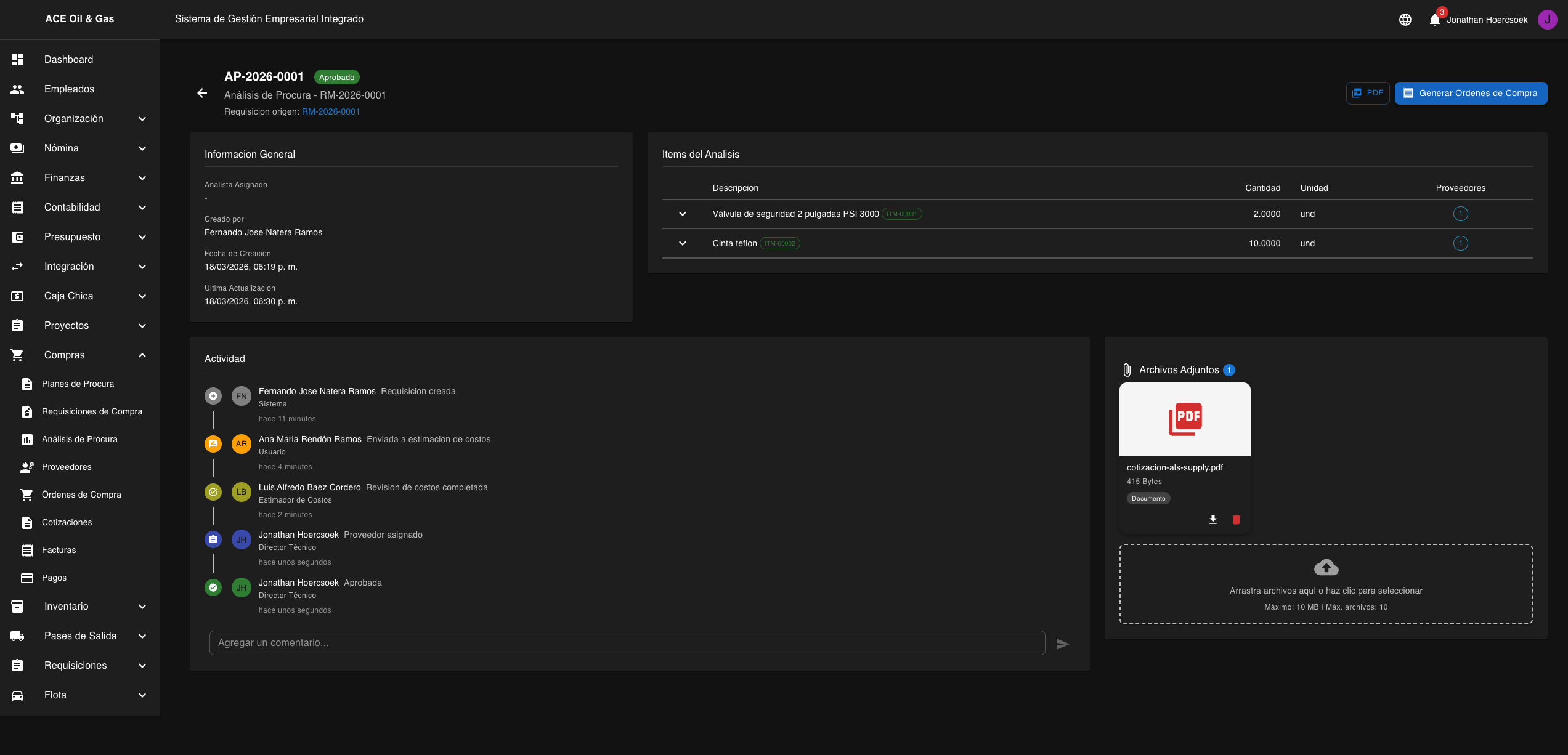 Analisis aprobado con boton de generar OC