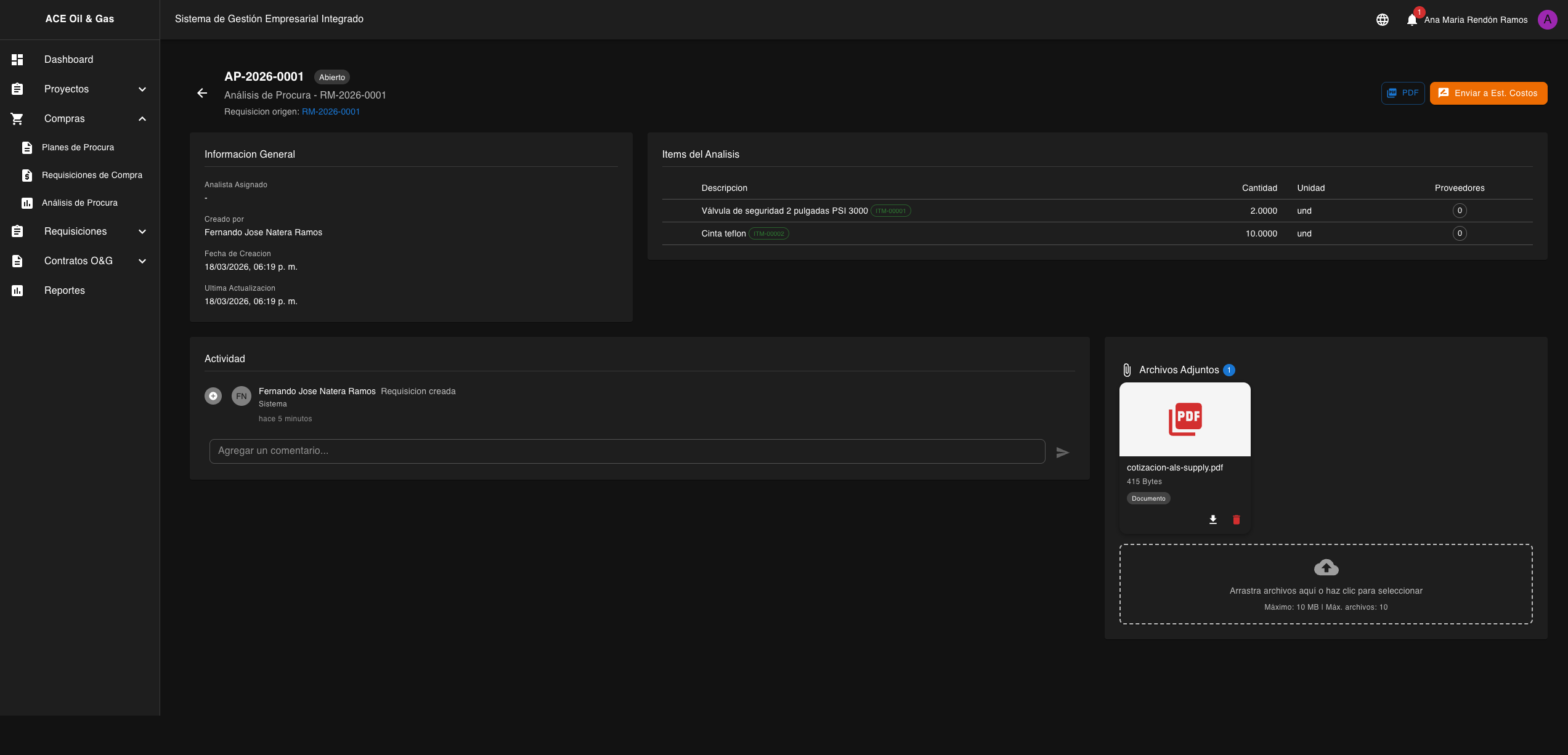 Archivo de cotizacion subido al analisis