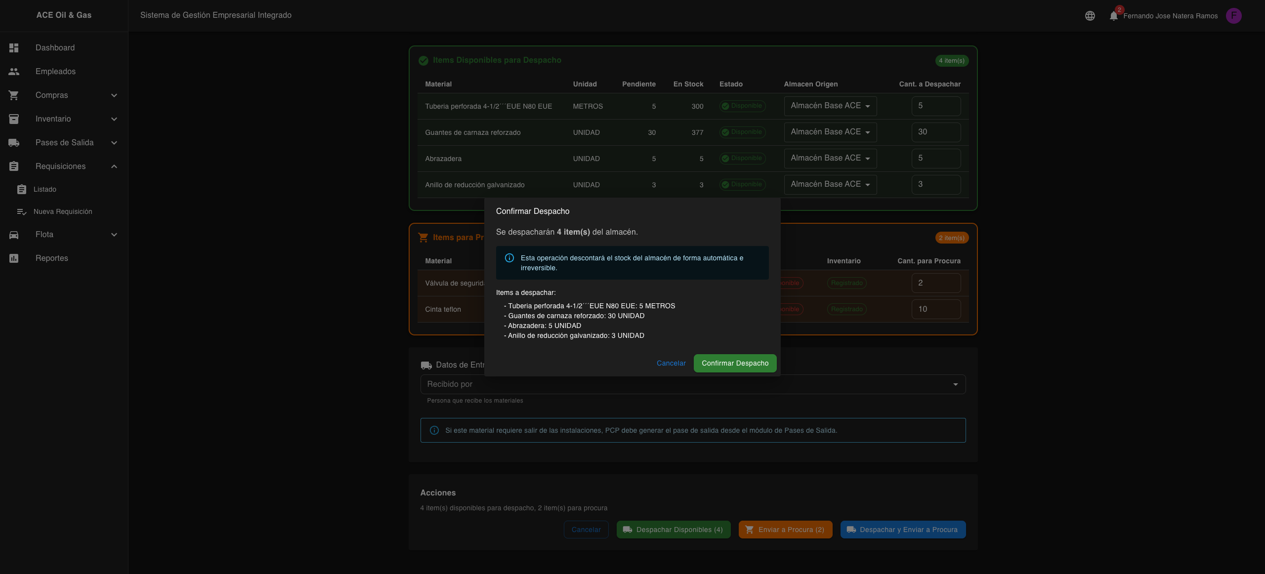 Confirmacion de despacho solamente