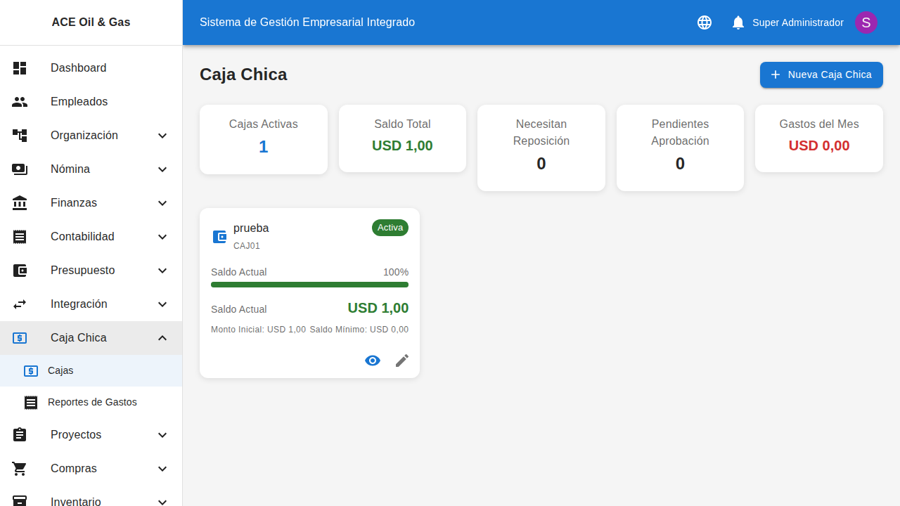Dashboard del módulo de Caja Chica con fondos activos y saldos