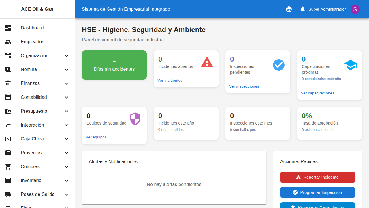 Dashboard del módulo HSE con KPIs de seguridad