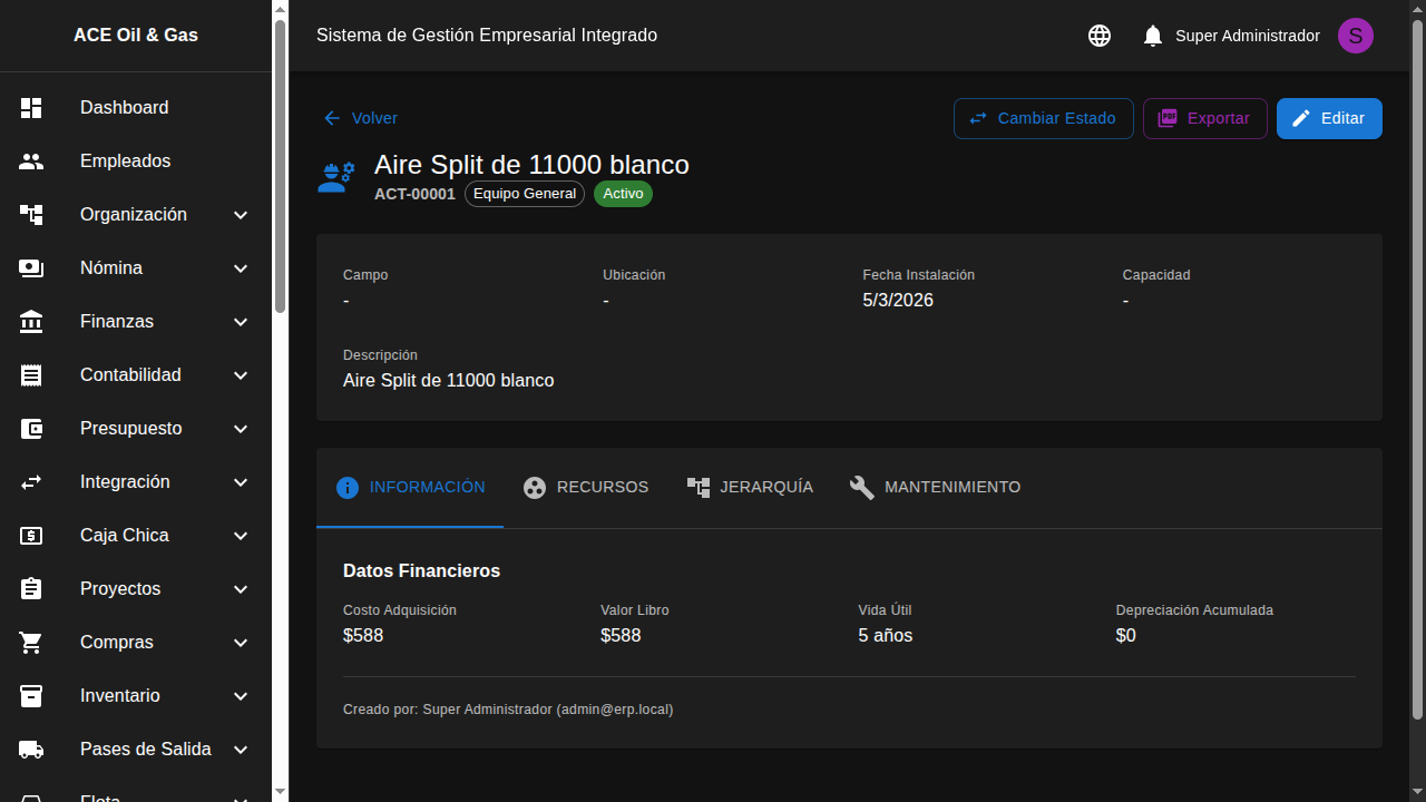 Detalle de activo con información técnica y pestañas