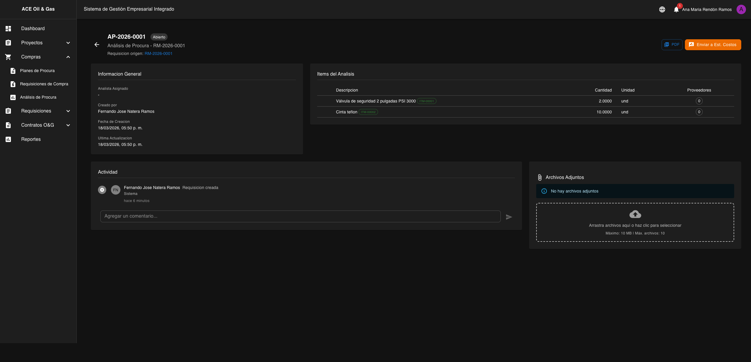 Detalle de analisis en estado OPEN