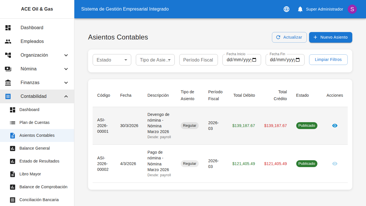 Detalle de un asiento contable con líneas de débito y crédito