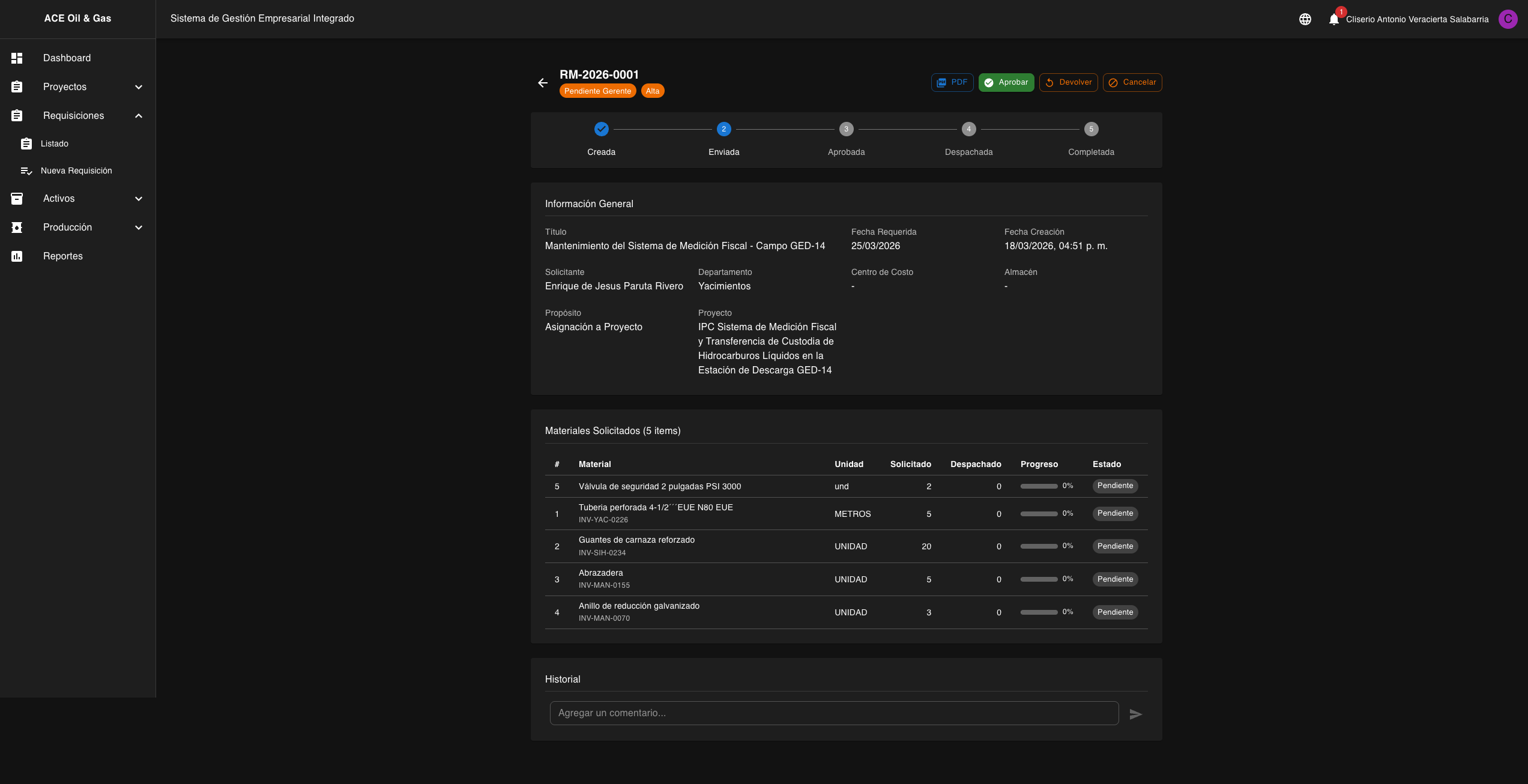 Vista de detalle del gerente con botones Aprobar y Devolver