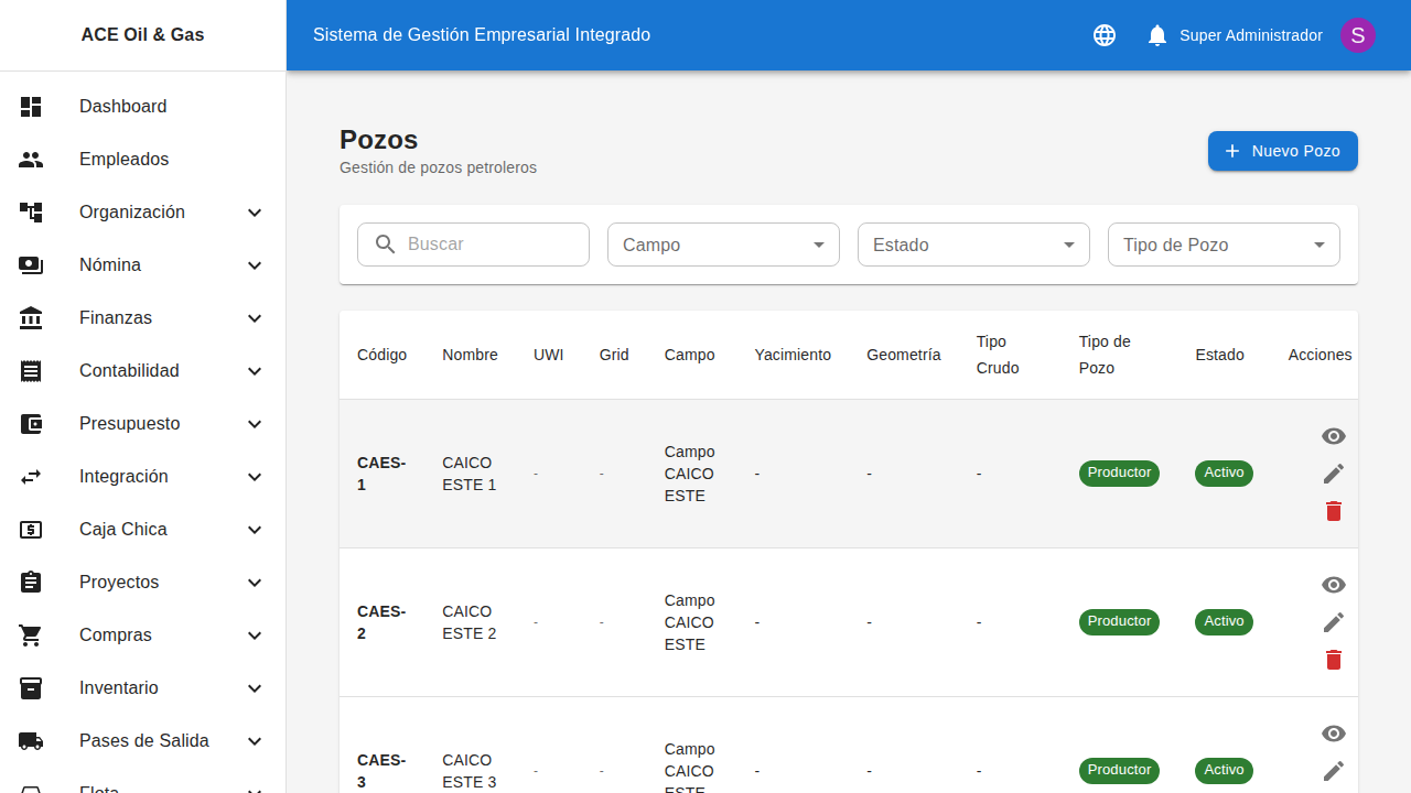 Detalle de pozo con datos técnicos e historial
