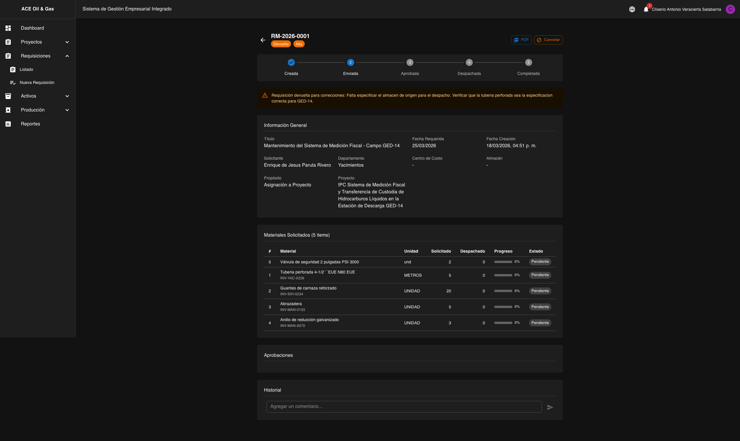 Requisicion devuelta con alerta roja mostrando el motivo
