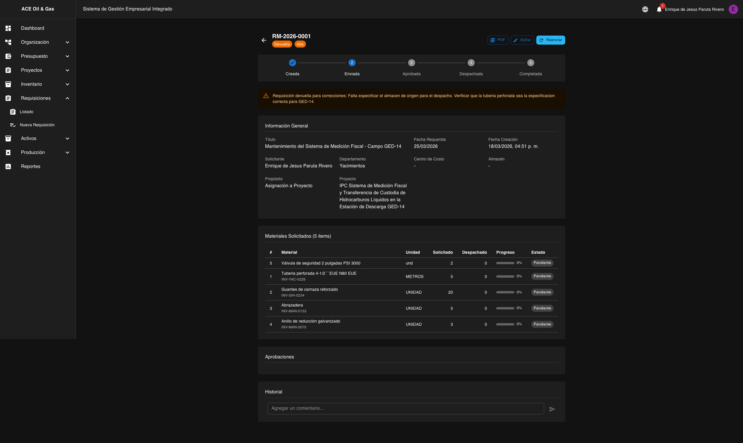 Solicitante ve botones de Editar y Reenviar en requisicion devuelta