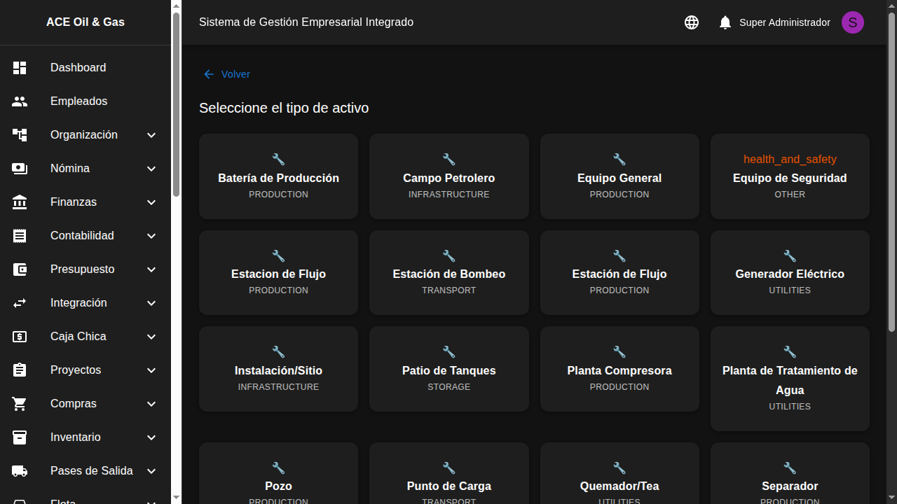 Formulario para crear un activo de producción