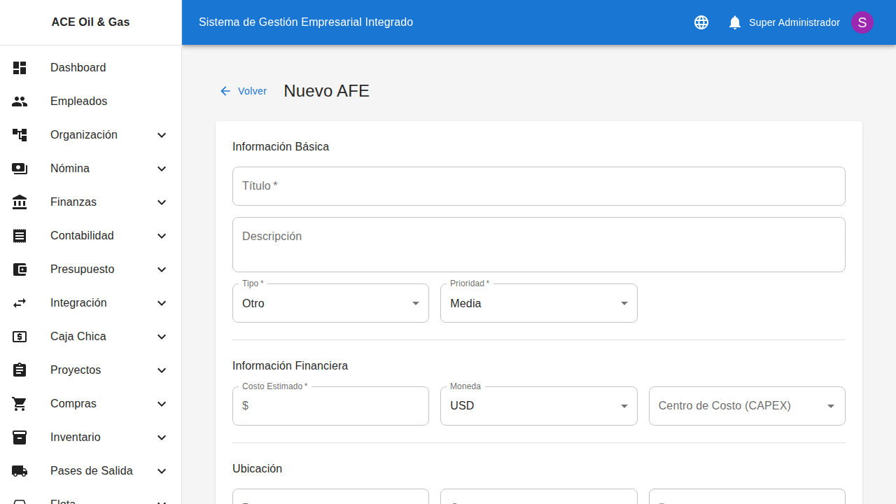 Formulario para crear una nueva AFE