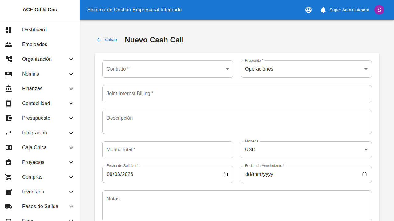 Formulario de cash call
