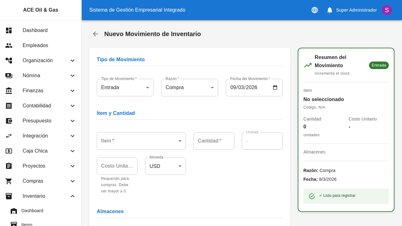 Formulario para registrar un movimiento de inventario