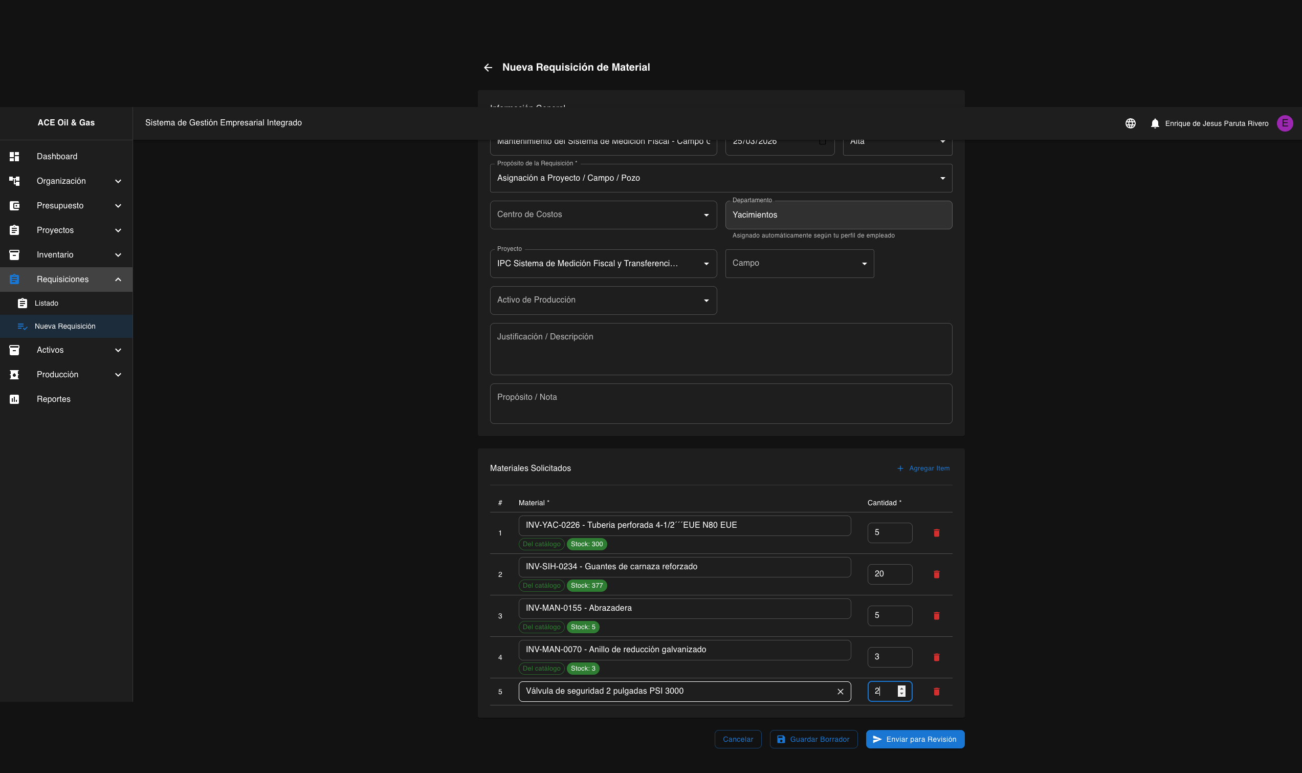 Formulario de nueva requisicion con 5 items