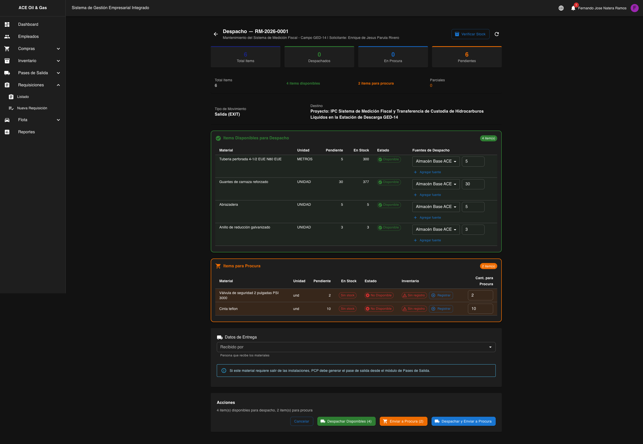 Interfaz de despacho con selectores de almacen por item