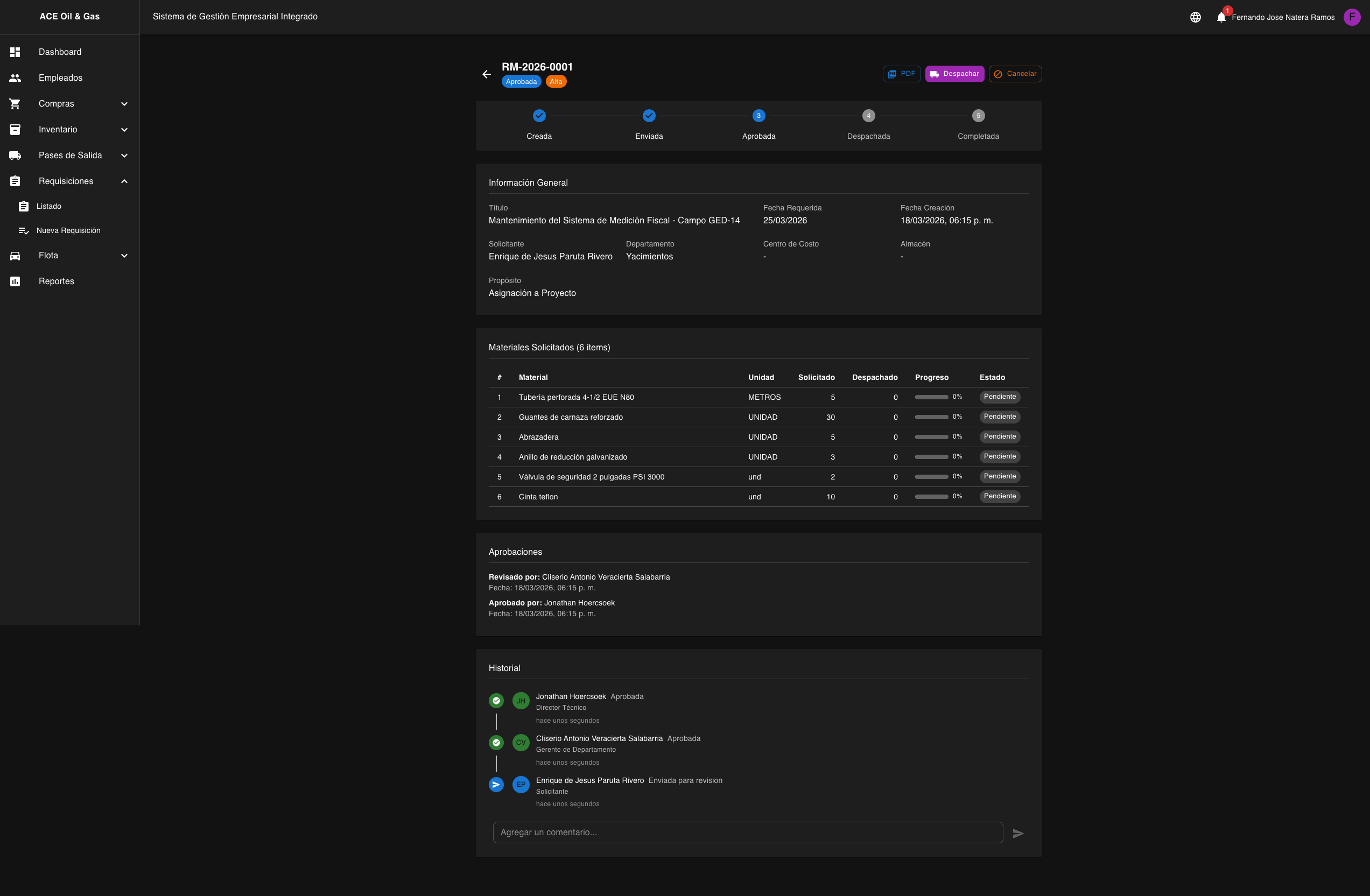 Historial y linea de tiempo de una requisicion
