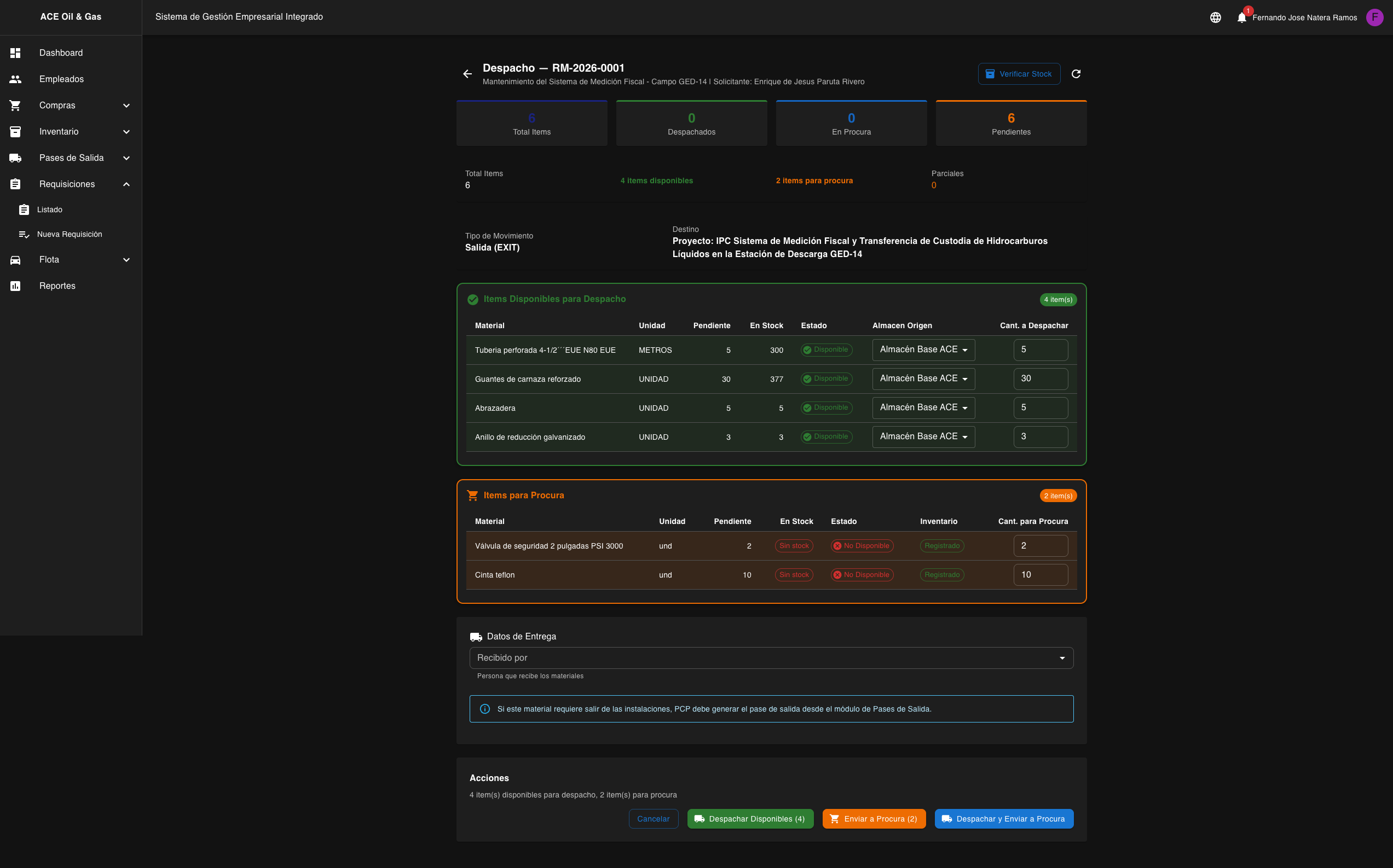 Items registrados y listos para despacho o procura