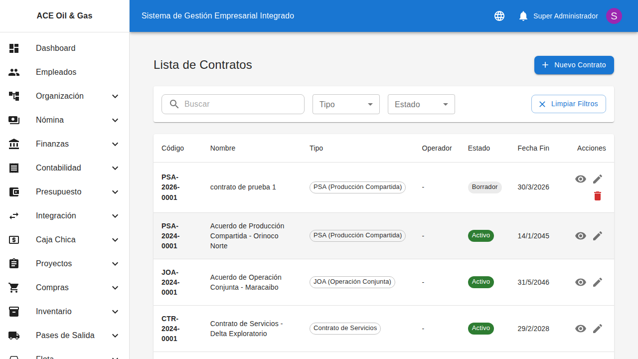 Lista de contratos con estados