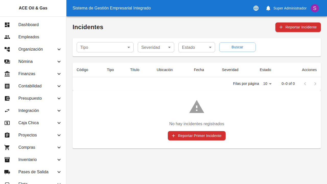Listado de incidentes registrados