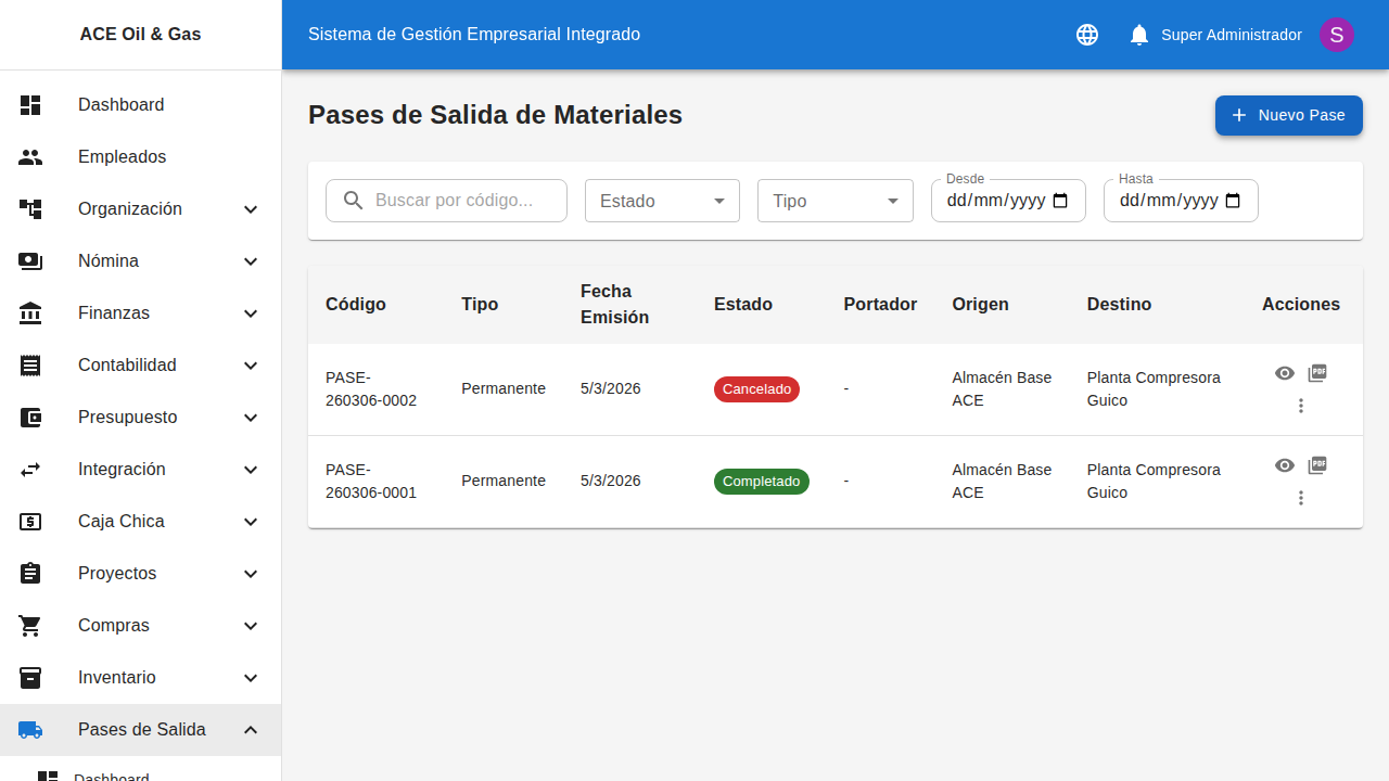 Listado de pases de salida de material