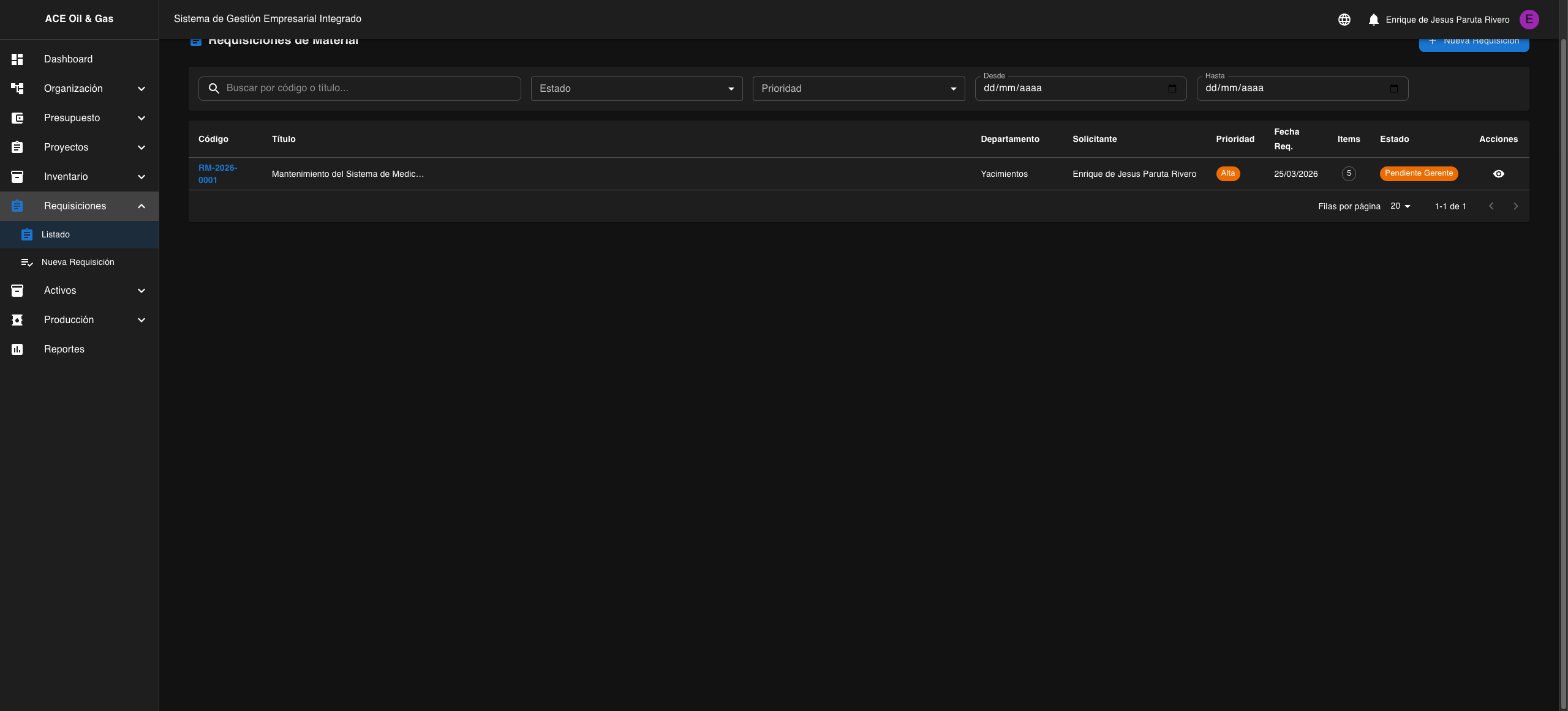 Listado mostrando requisicion en estado Pendiente Gerente