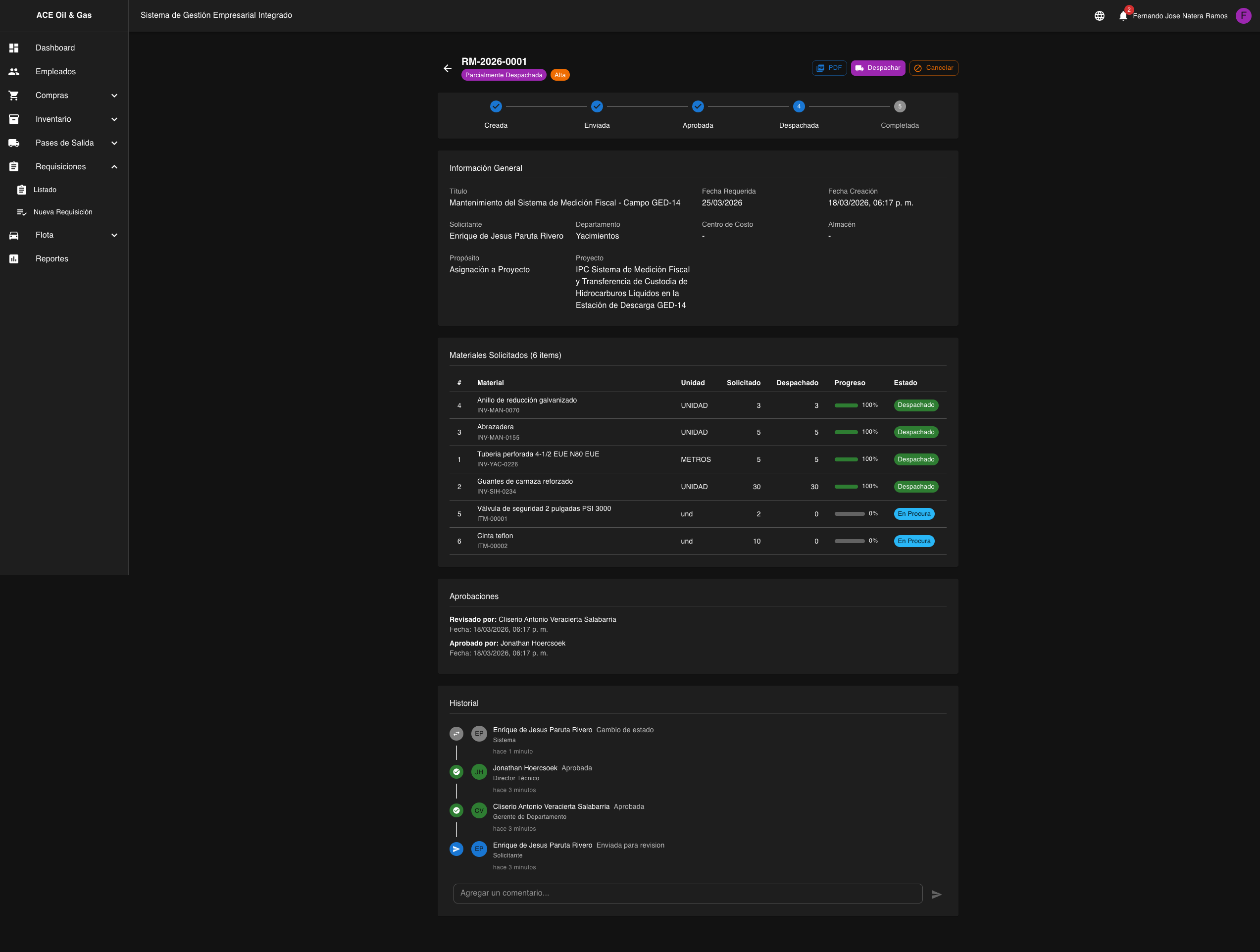 Requisicion parcialmente despachada con historial