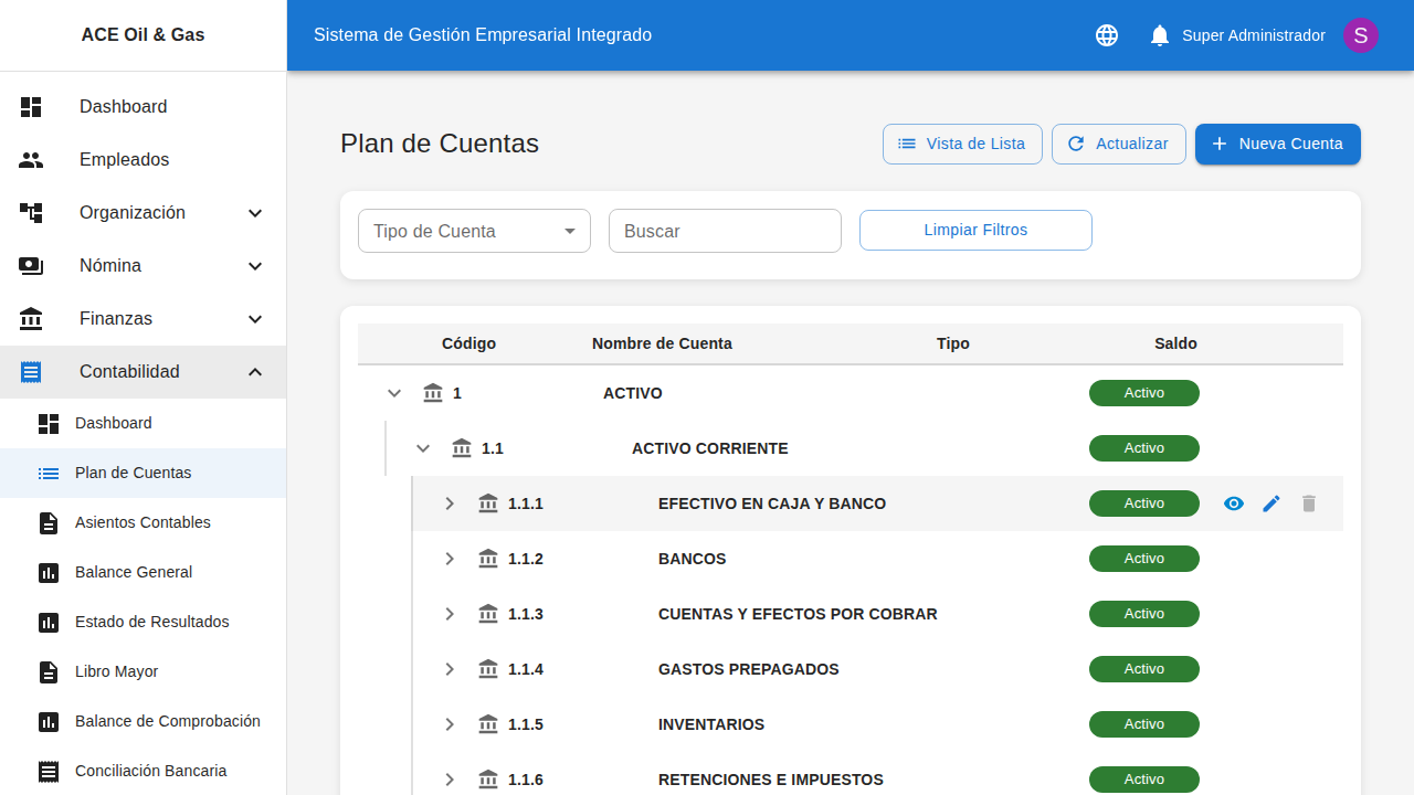 Plan de cuentas con jerarquía de cuentas contables