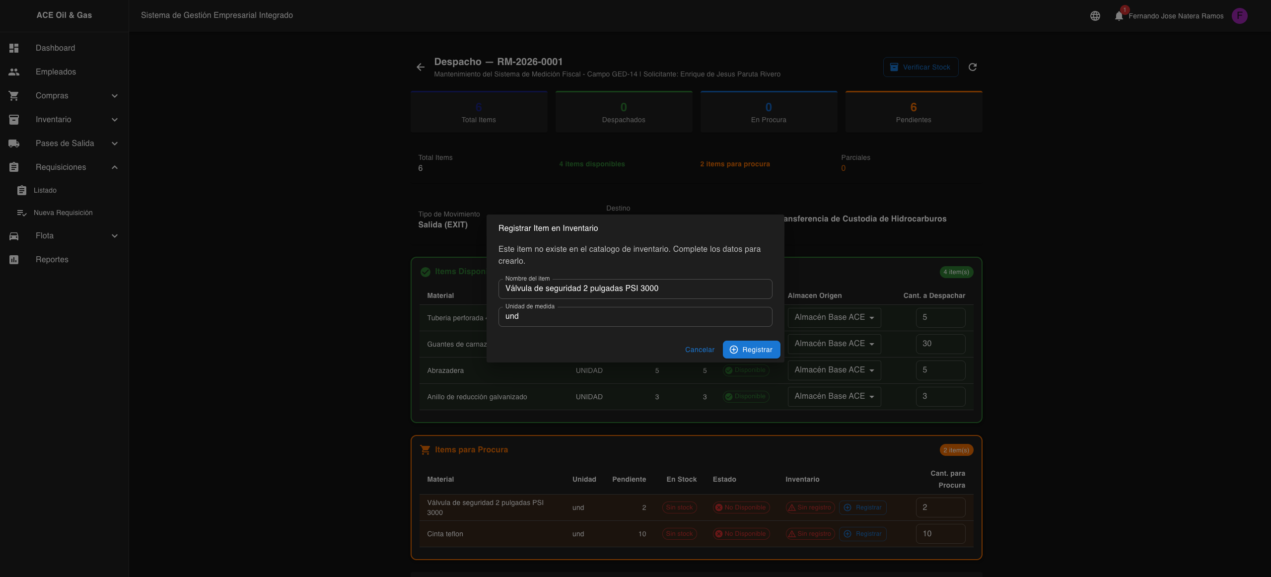 Dialogo de registro de item en inventario
