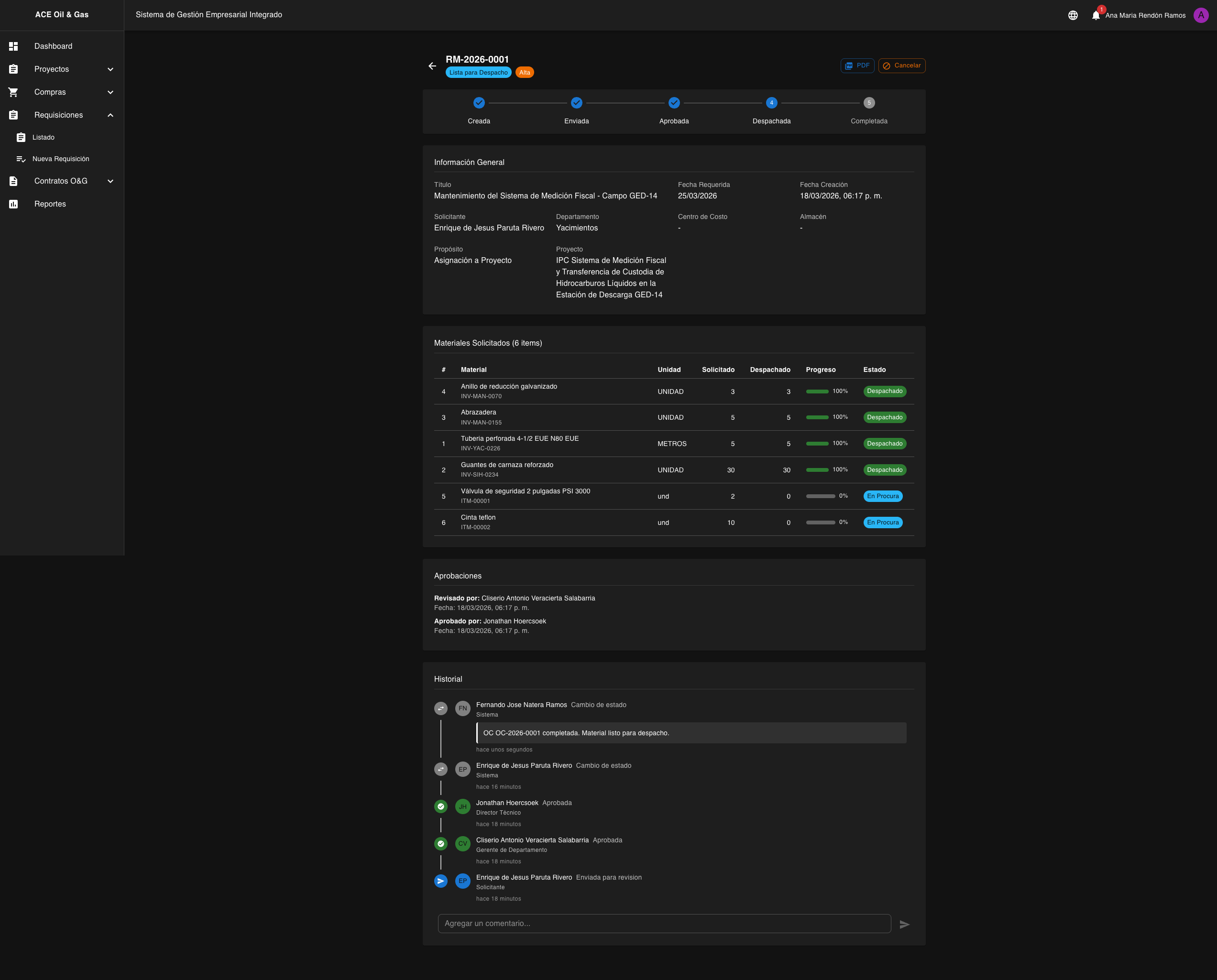 Requisicion lista para despacho despues de recepcion de OC