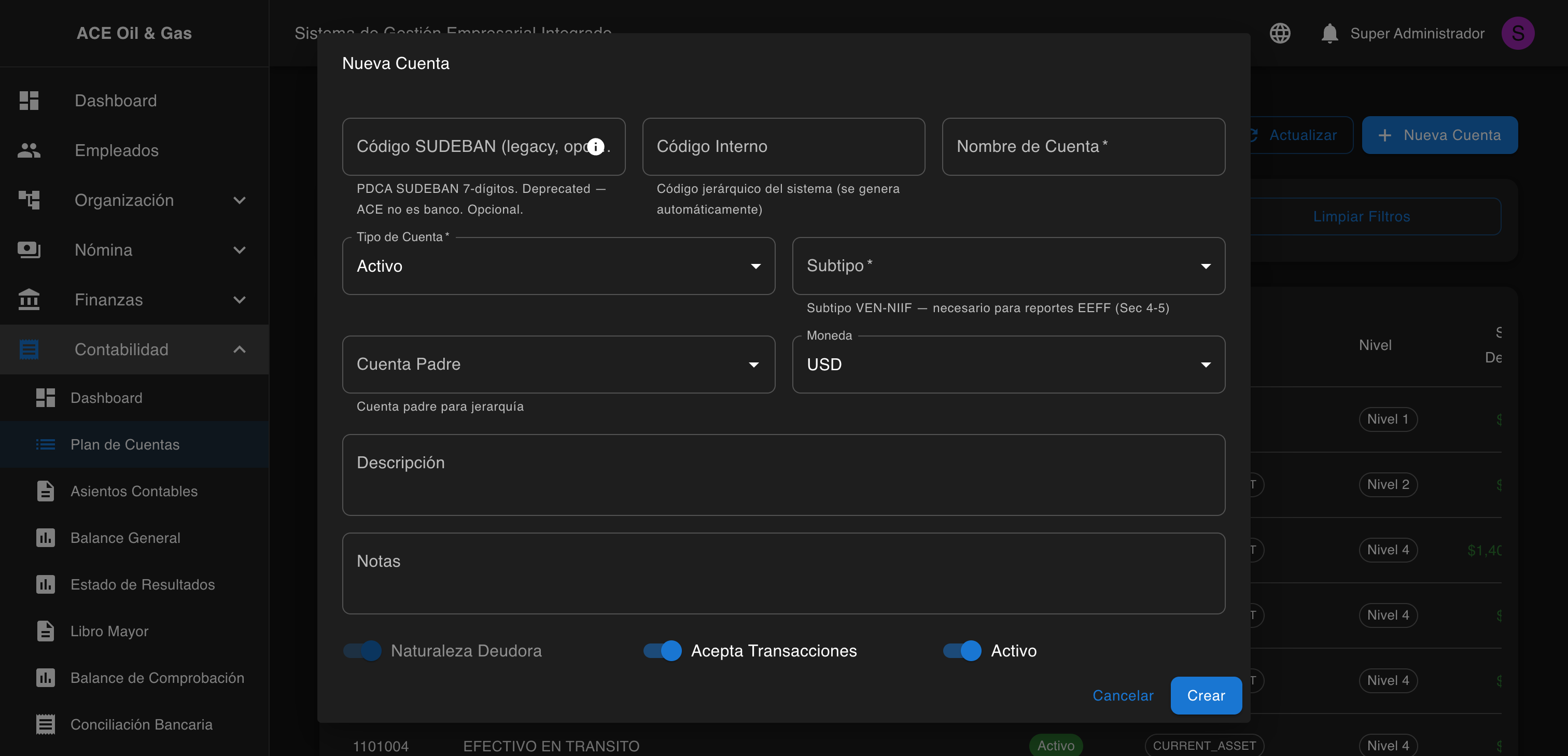 Formulario Nueva Cuenta con campo Código SUDEBAN deprecated y selector de Subtipo VEN-NIIF
