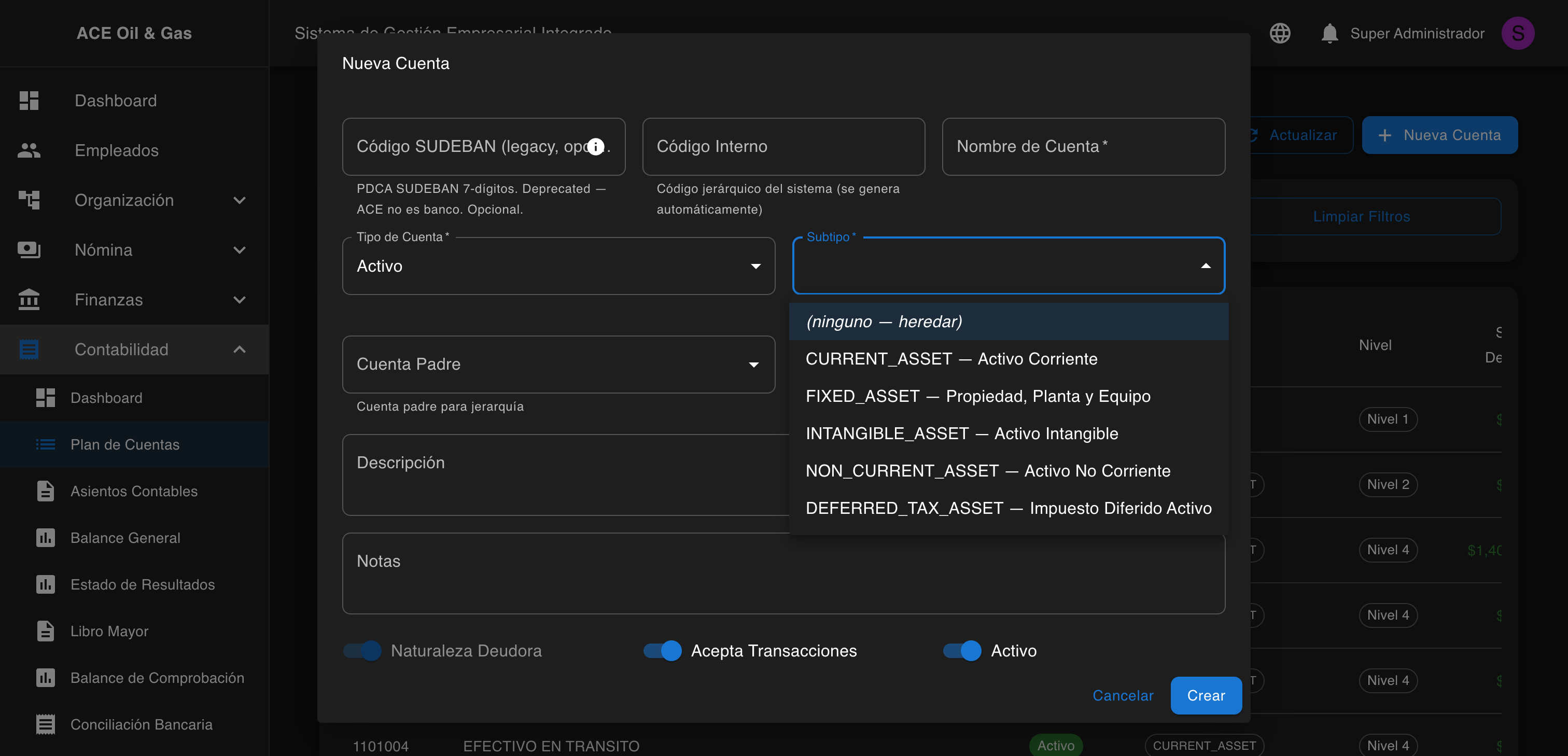 Selector de Subtipo desplegado con opciones agrupadas por accountType