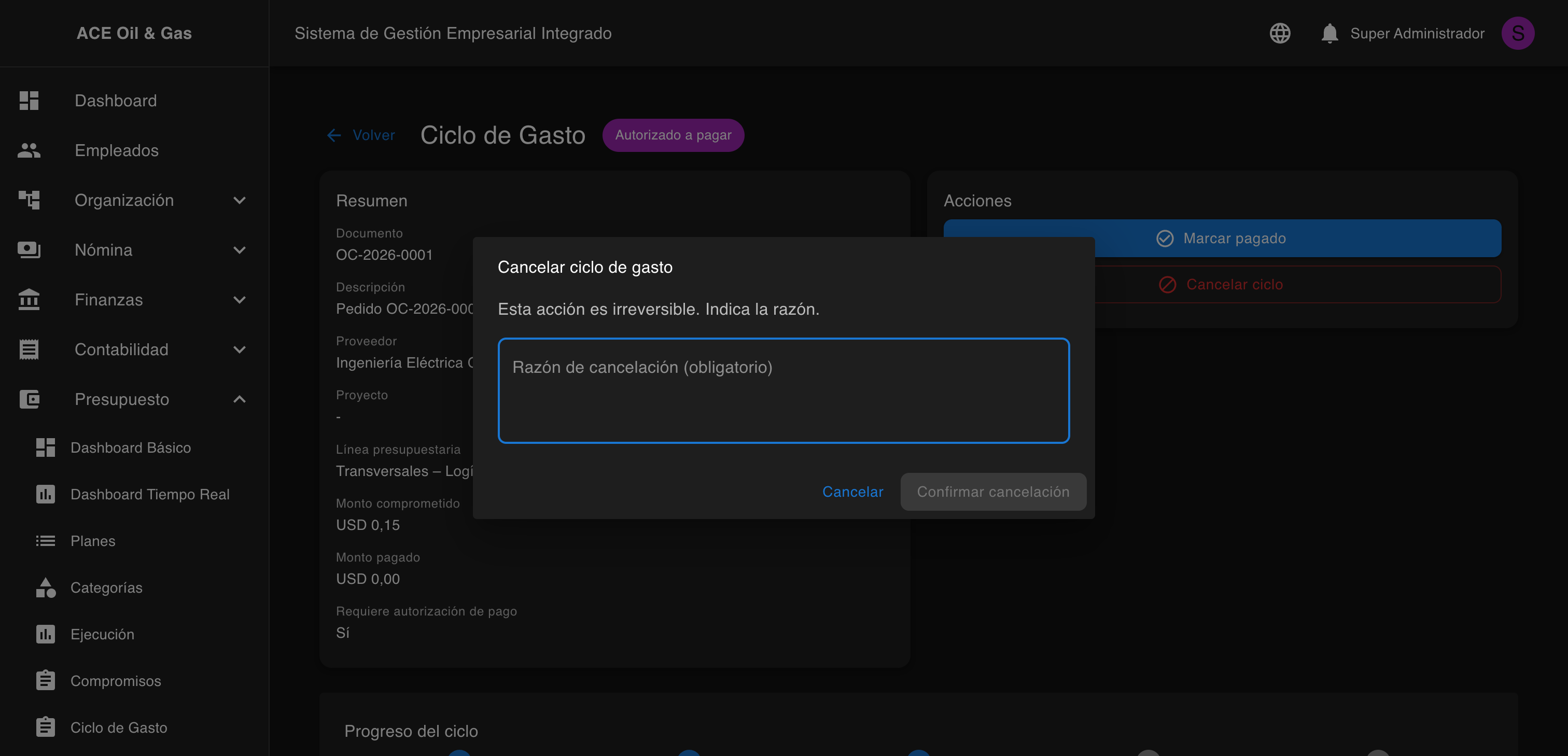 Modal de cancelación