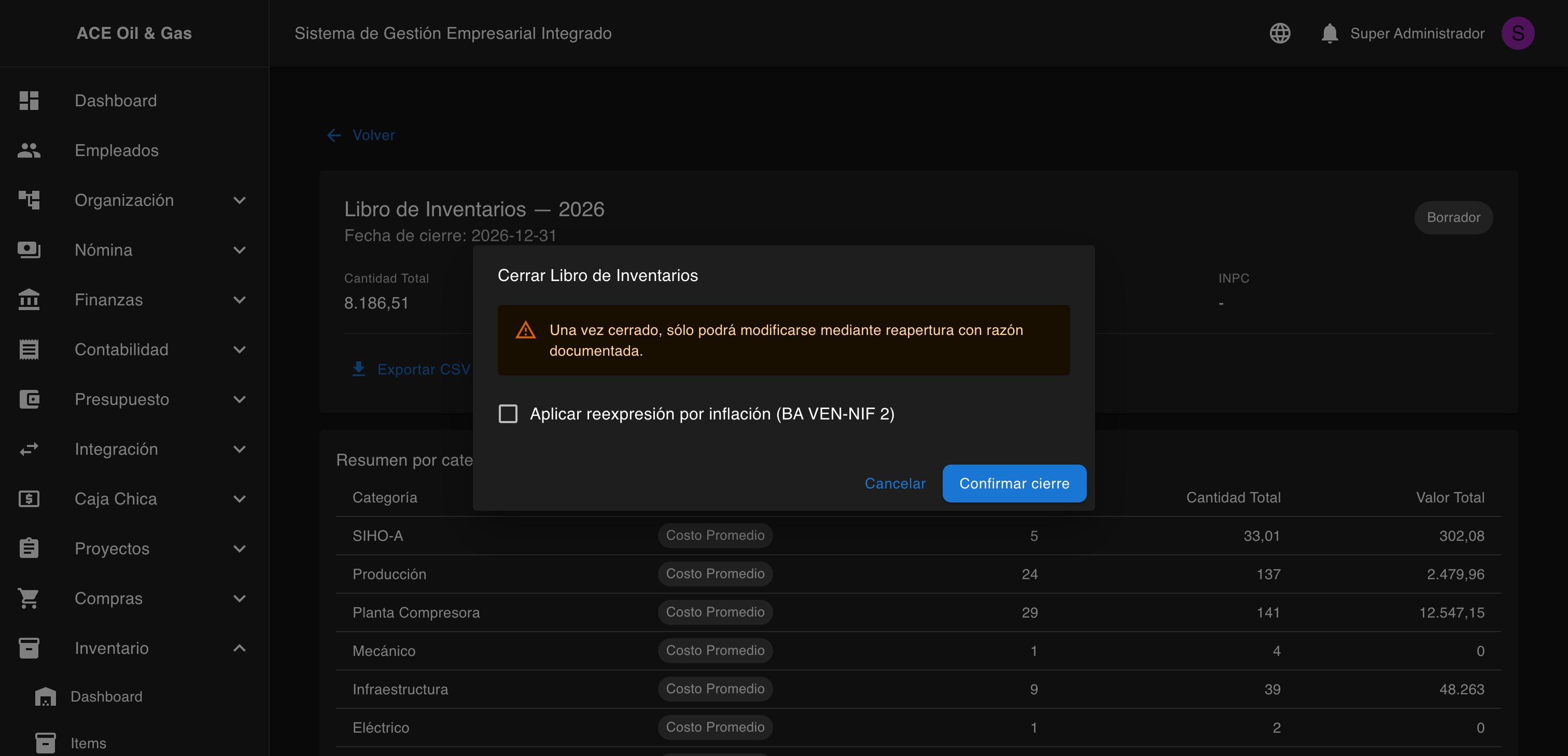 Modal cierre con reexpresión