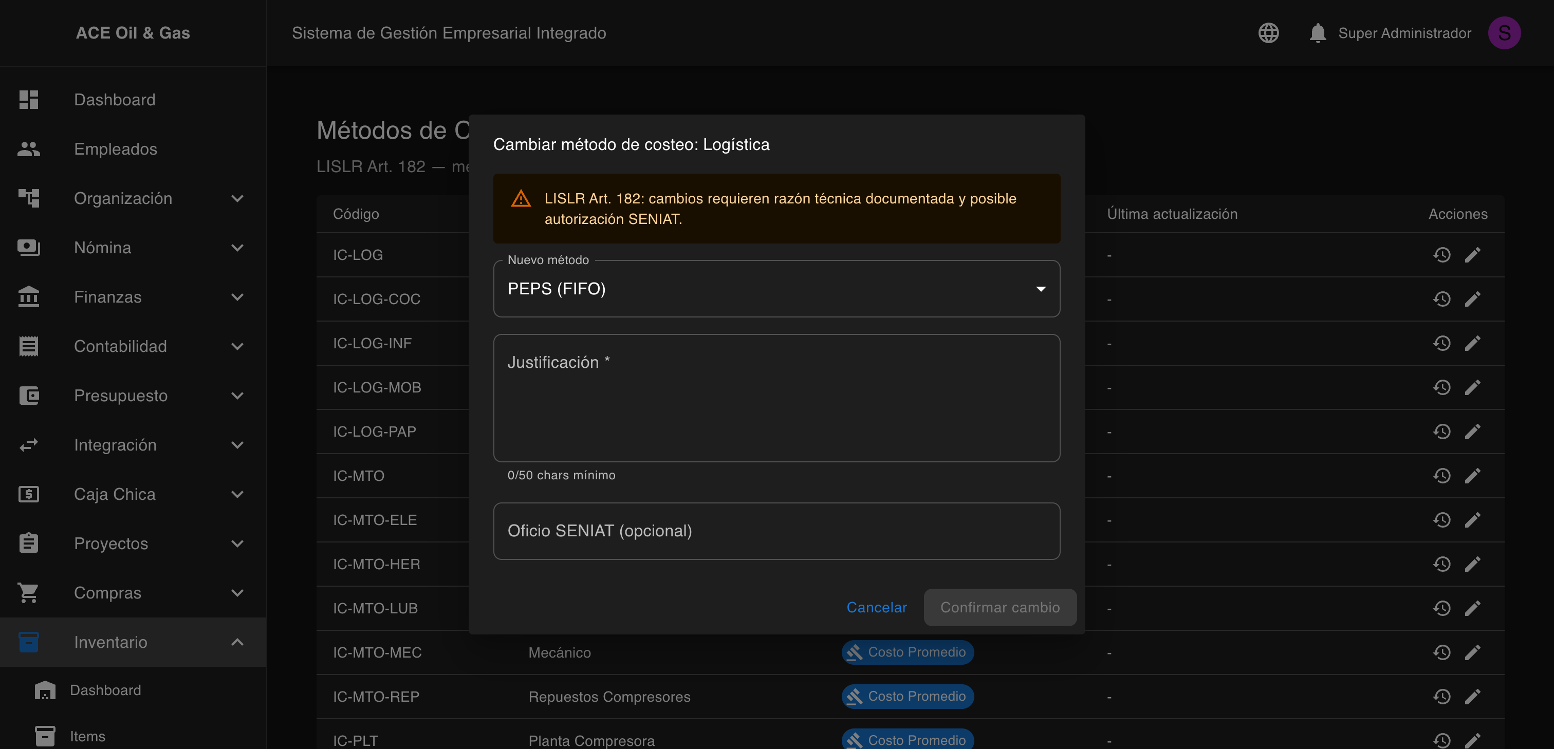 Modal de cambio de método