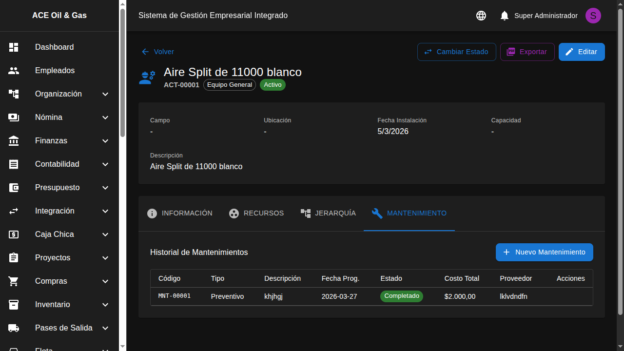 Pestaña de mantenimiento con historial de registros